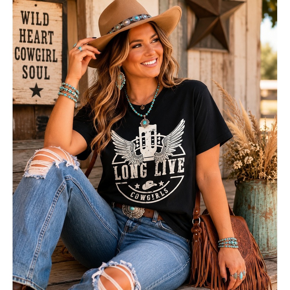 Pink Lily Long Live Cowgirls Graphic Tee Black Distressed Western Shirt Small